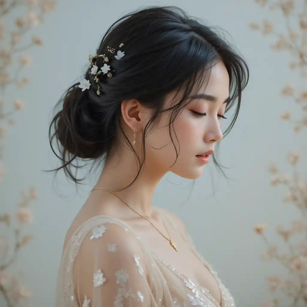Young woman in soft floral portrait with closed eyes