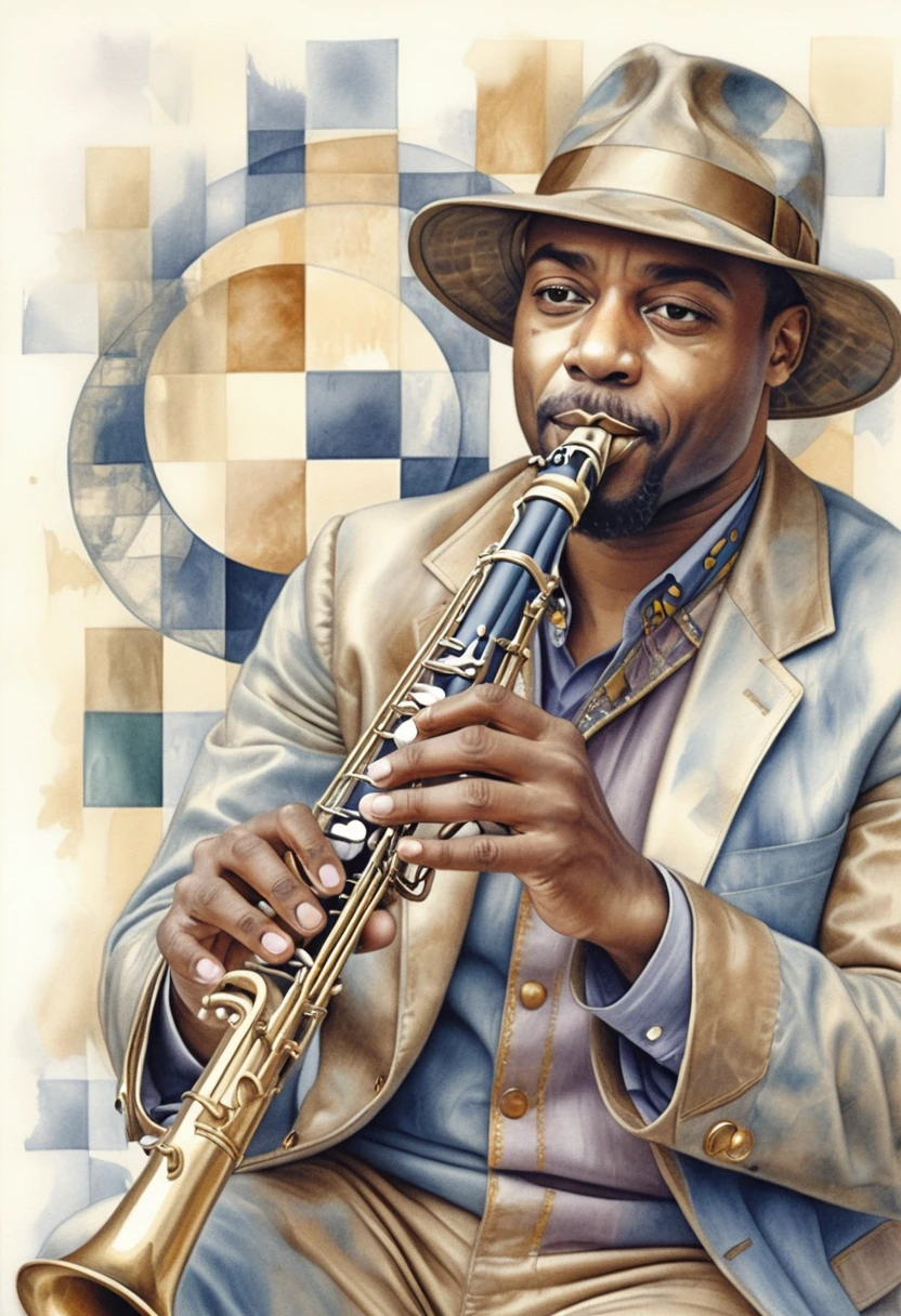 Cubist portrait of a jazz saxophonist in blue gray tones
