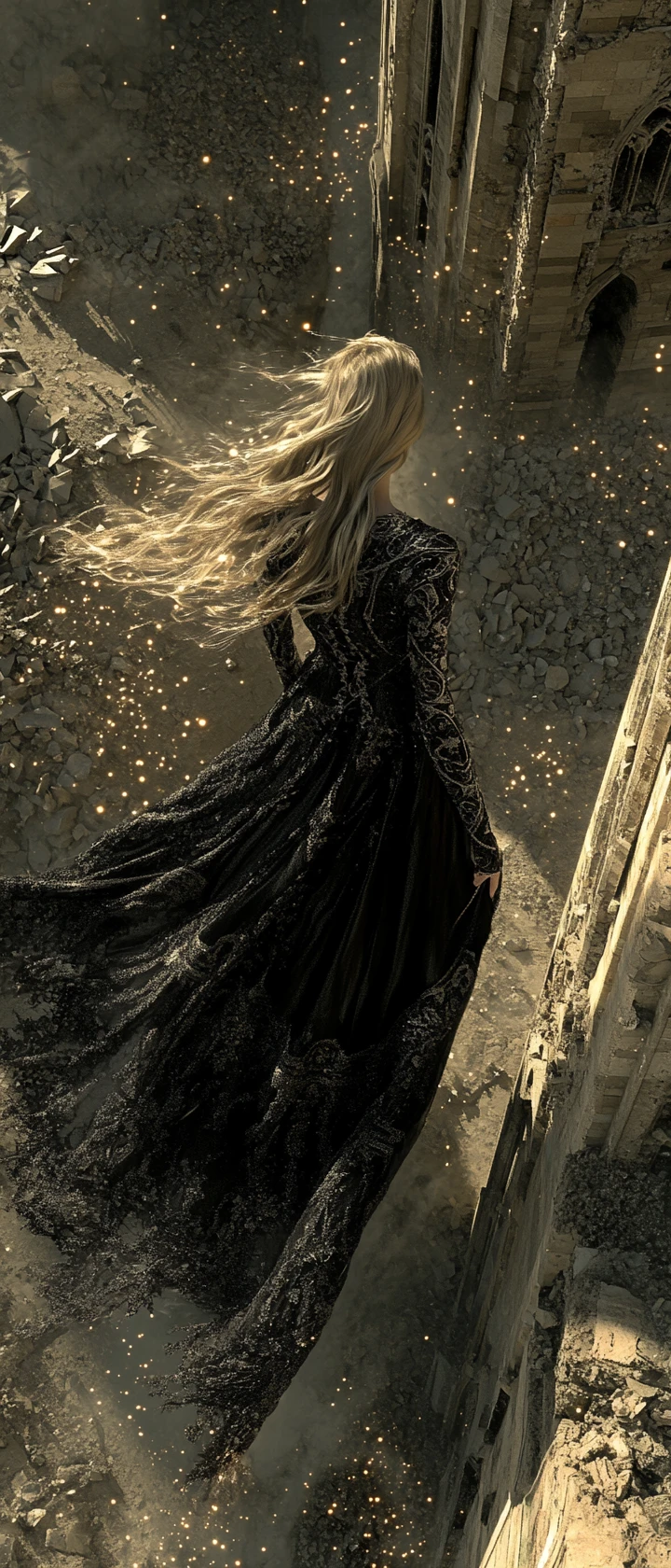 Fille de fantasy sur une tour en ruine au coucher de soleil doré