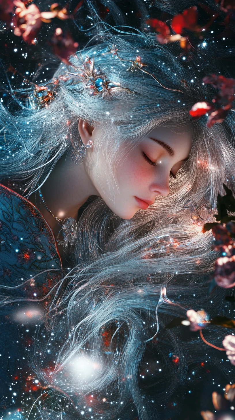 Celestial goddess with silver hair in swirling cosmic glow