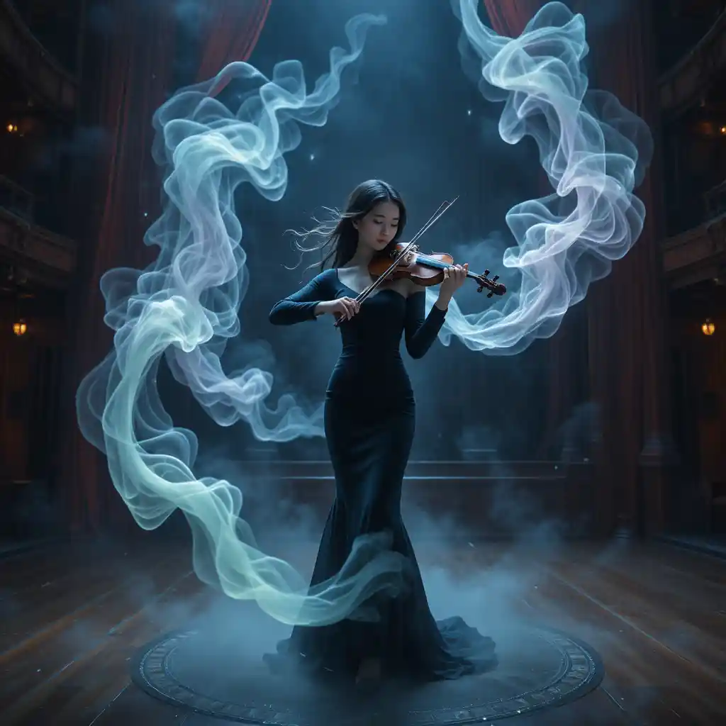 Violinist in a dark theater surrounded by glowing aurora light