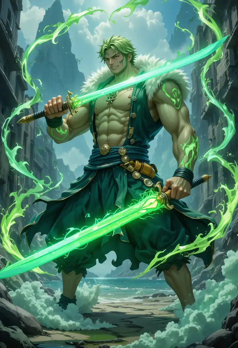Anime swordsman with three glowing rune blades in battle stance