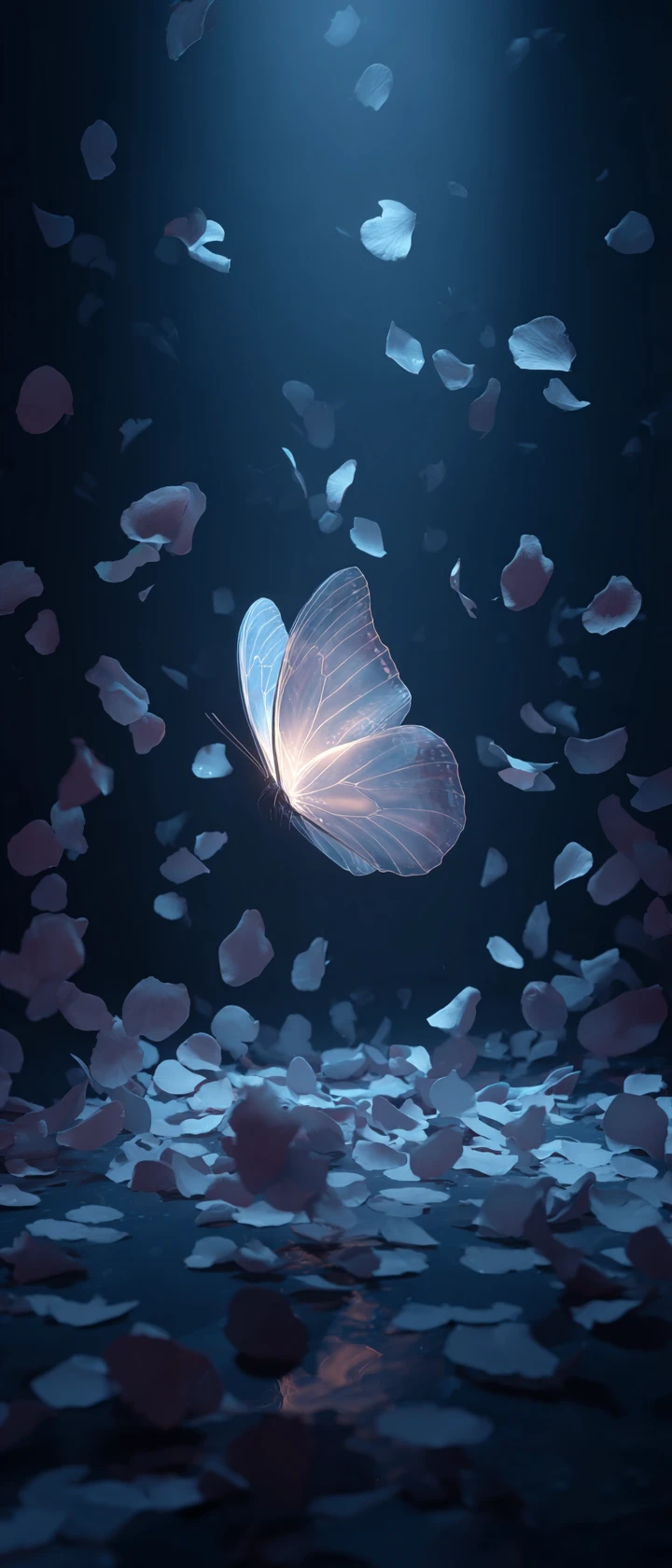Leuchtender Schmetterling, der aus der Chrysalis mit treibenden Blütenblättern hervorgeht
