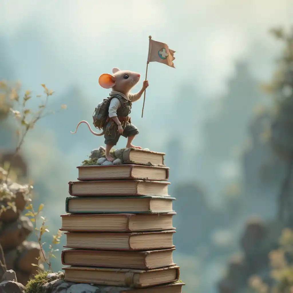 Winzige Klettermaus pflanzt eine Fahne auf einem hohen Bücherstapel