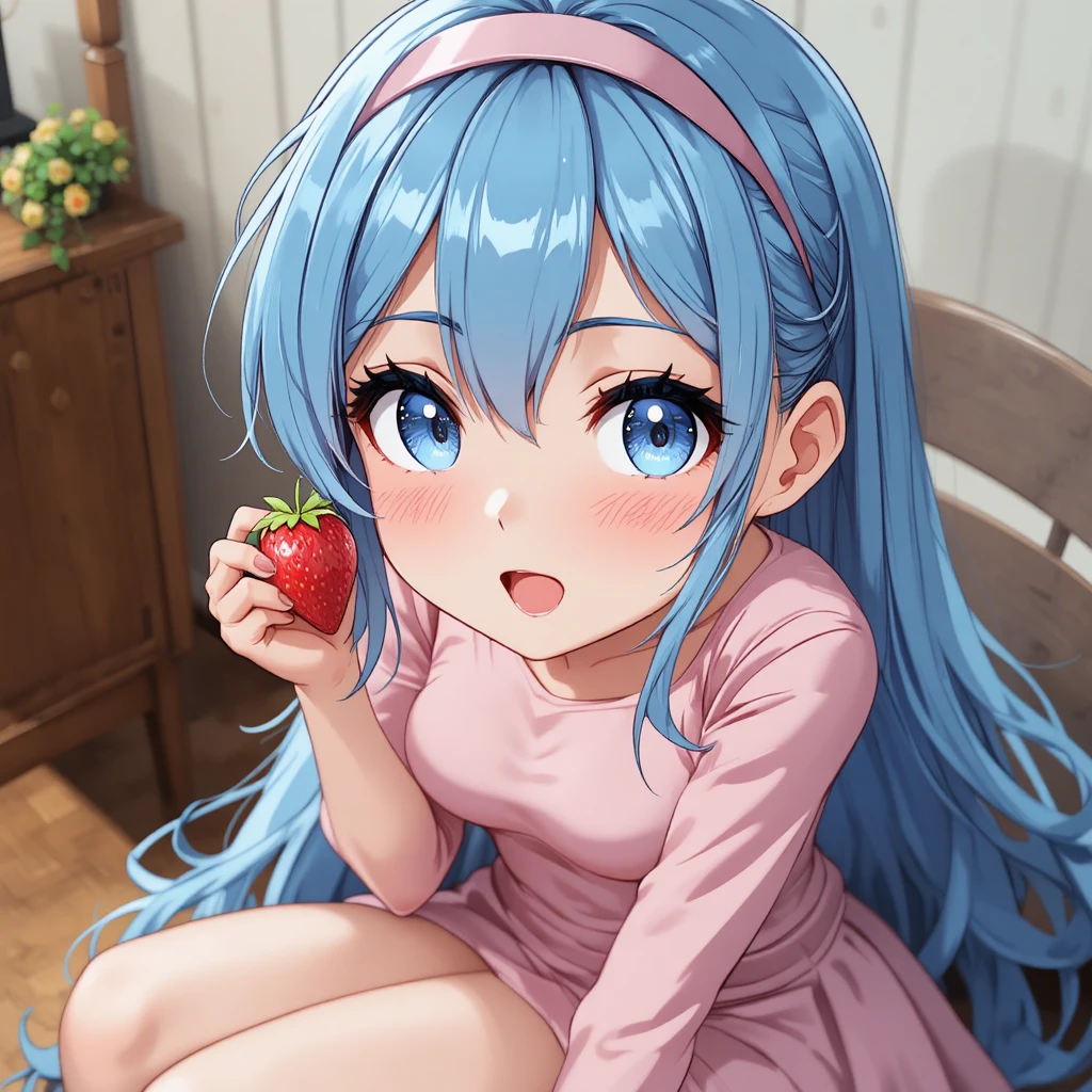 Shoujo style blue haired schoolgirl sitting and holding a strawberry