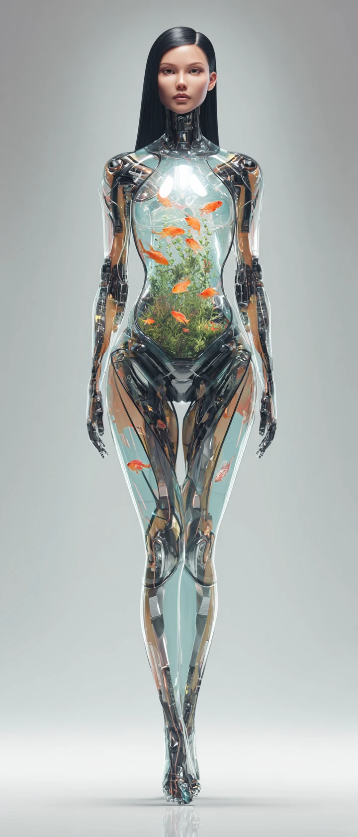 Android woman with aquarium torso and serene sci fi presence