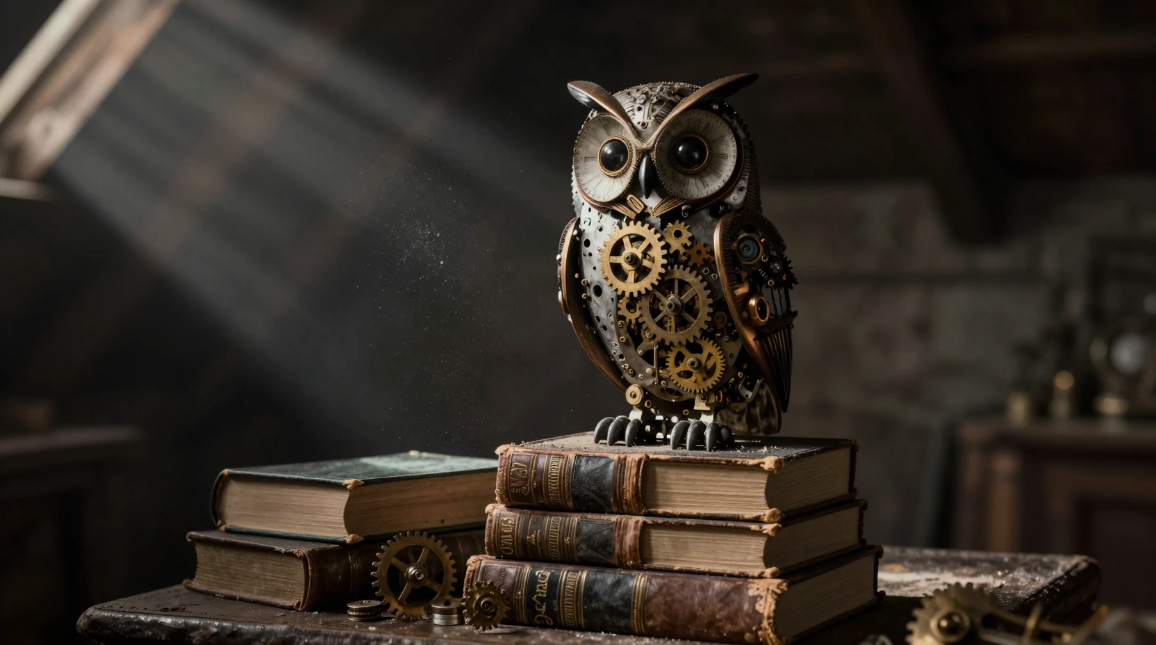 Búho de engranajes sobre libros antiguos en un ático en penumbras
