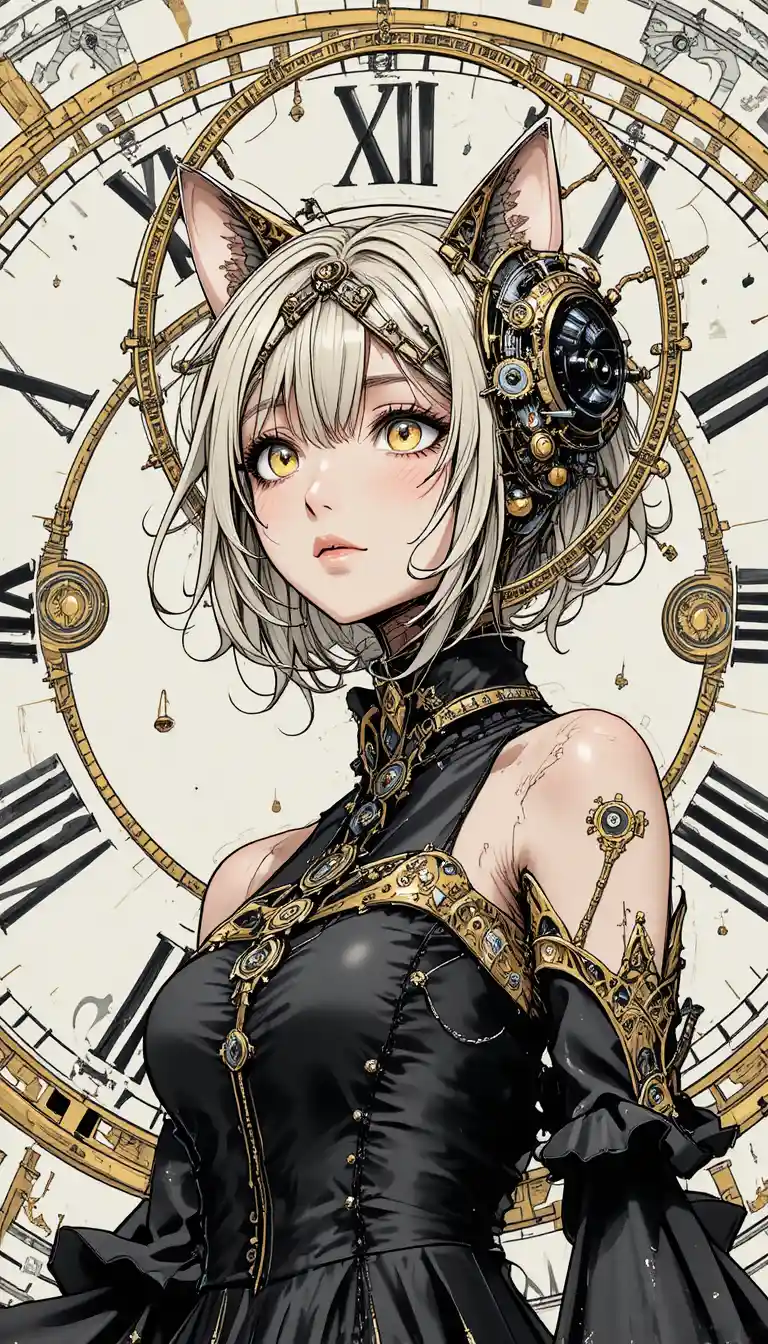 Anime woman fused with gothic mechanical clock and gears