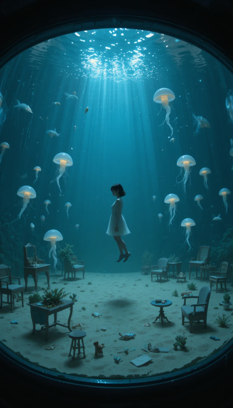 Ragazza anime che fluttua in un acquario onirico e surreale