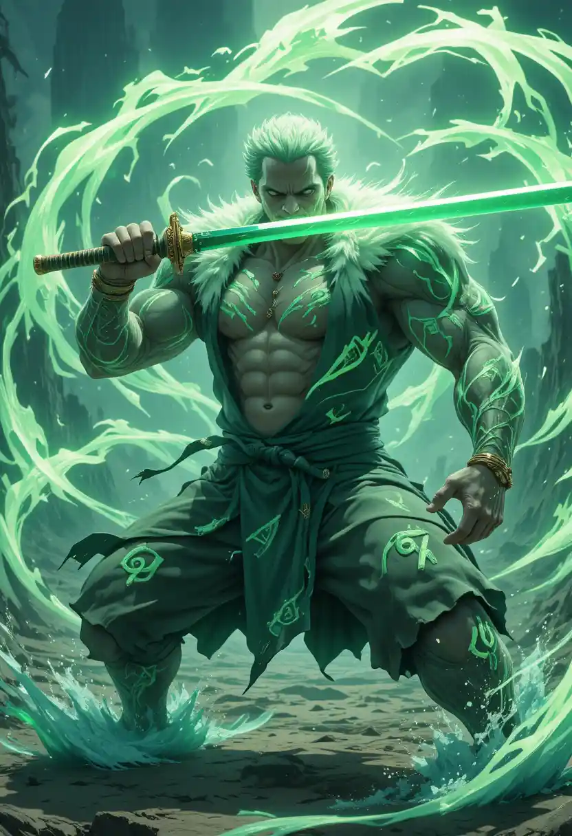 Anime swordsman in three blade combat stance on island