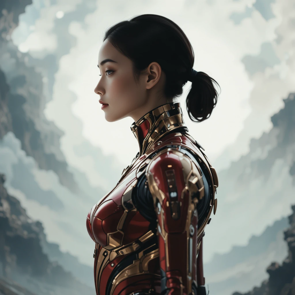 Futuristic profile portrait in metallic segmented suit