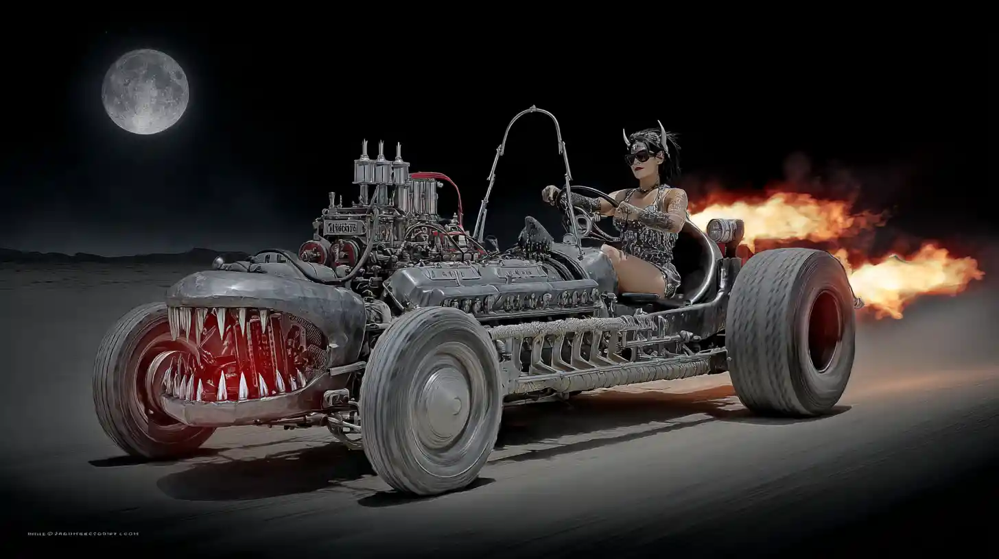 Possessed V8 hot rod racing along a moonlit desert highway