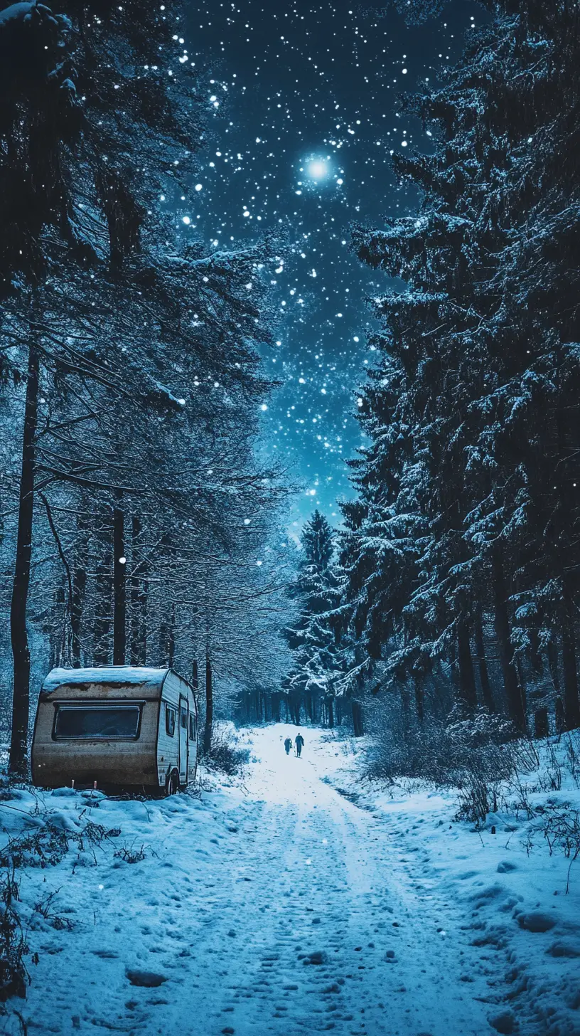 Trilha nevada na floresta ao luar com caminhantes ao longe