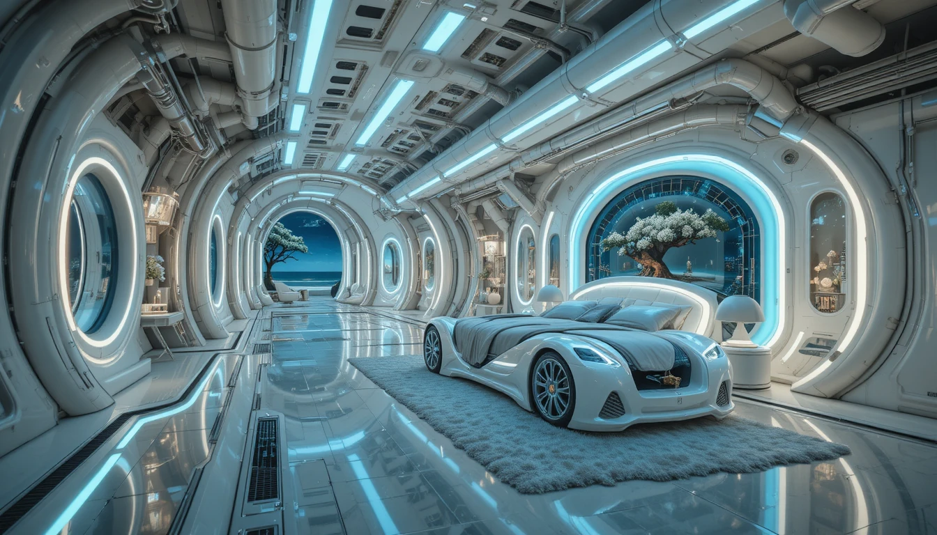 Luxurious living room inside a futuristic industrial corridor