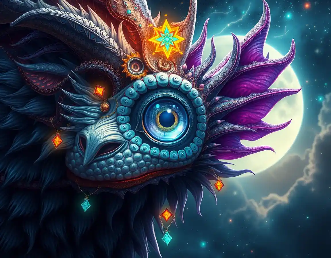 Mythical chakra creature with a surreal night eye gaze