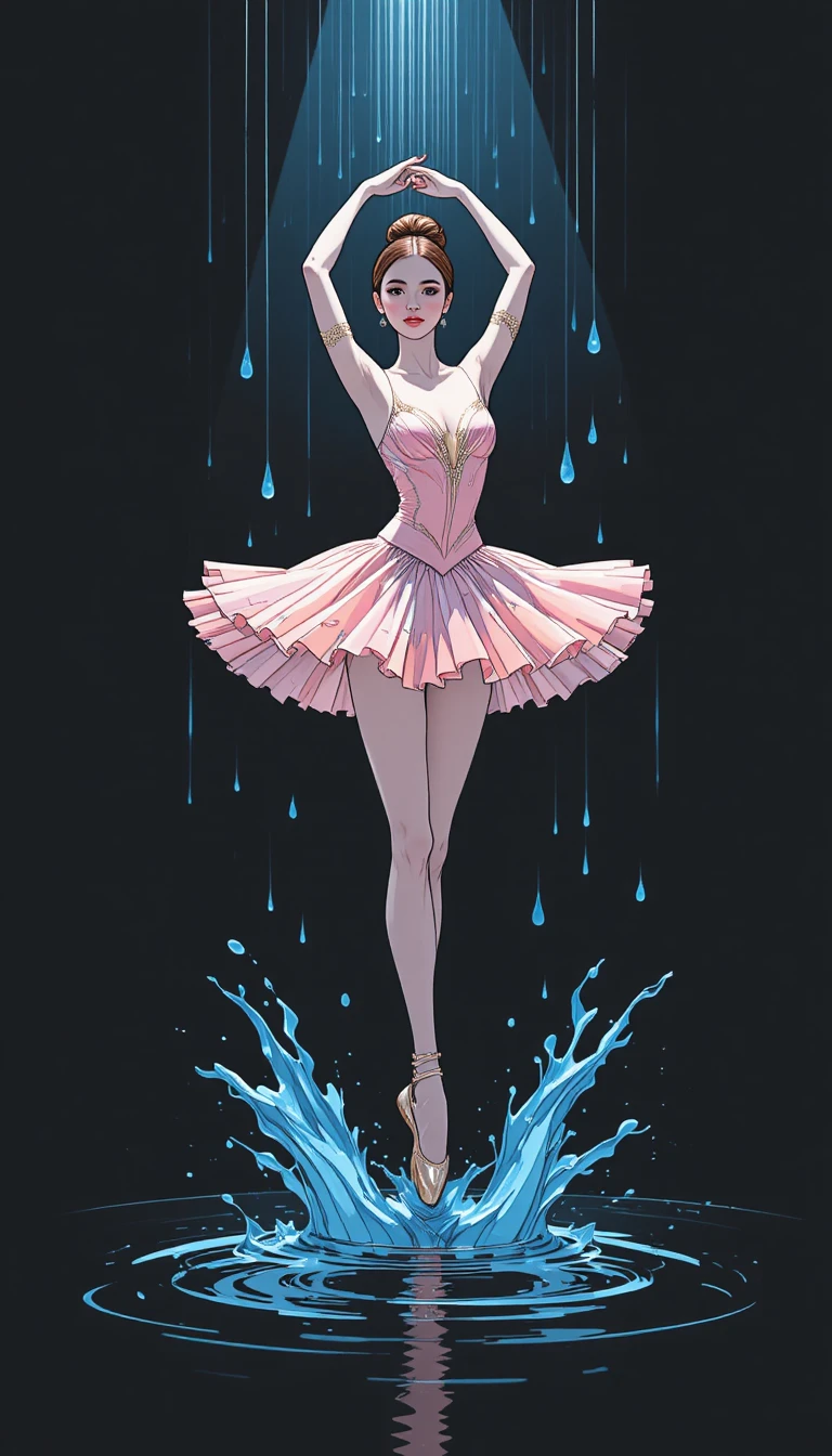 Bailarina de balé em vestido rosa saltando sob chuva azul