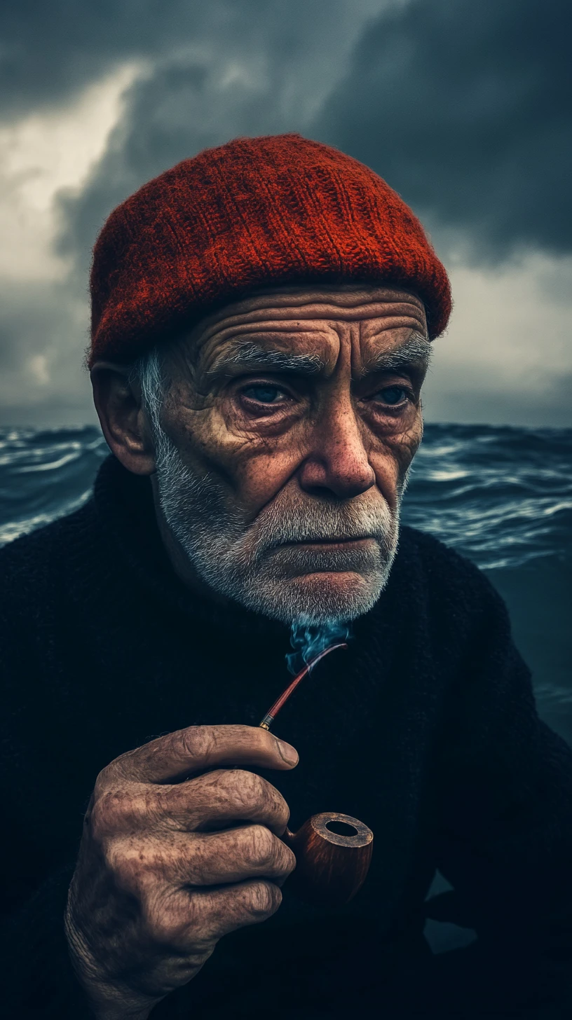 Elderly fisherman in red cap by stormy sea at dawn