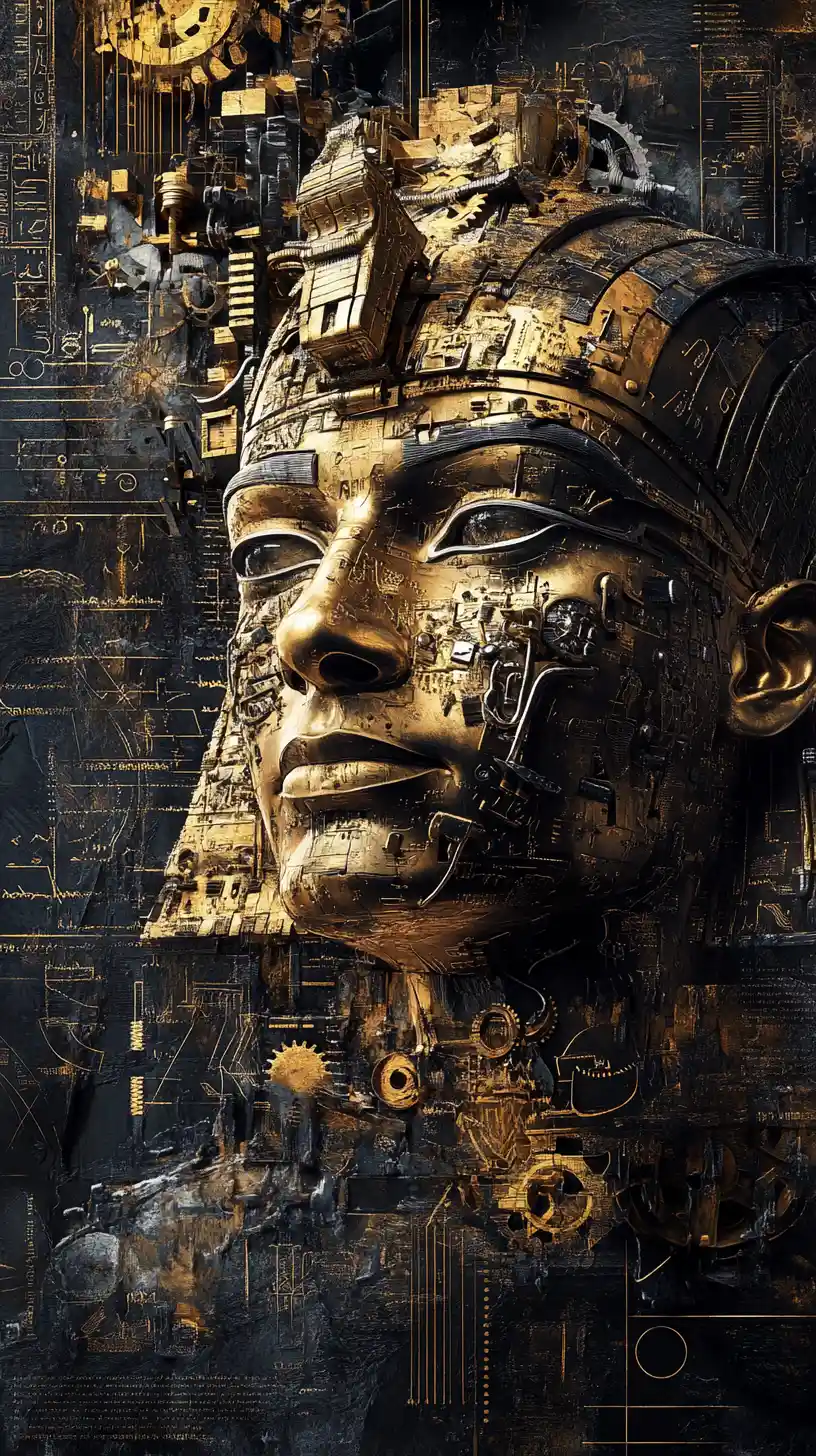 Ancient pharaoh portrait fused with mechanical steampunk technology