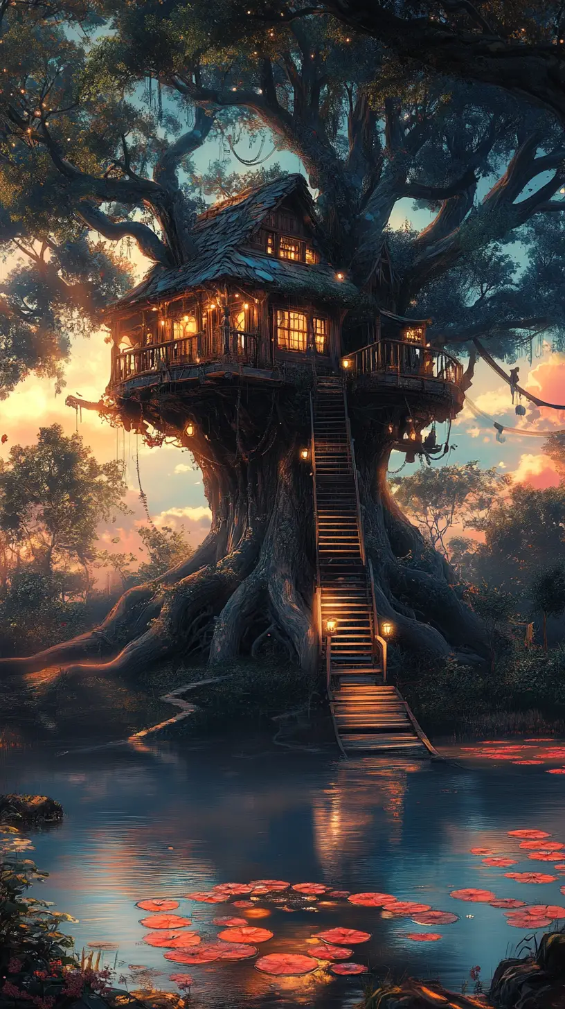 Enchanting treehouse rising above a tranquil forest lake