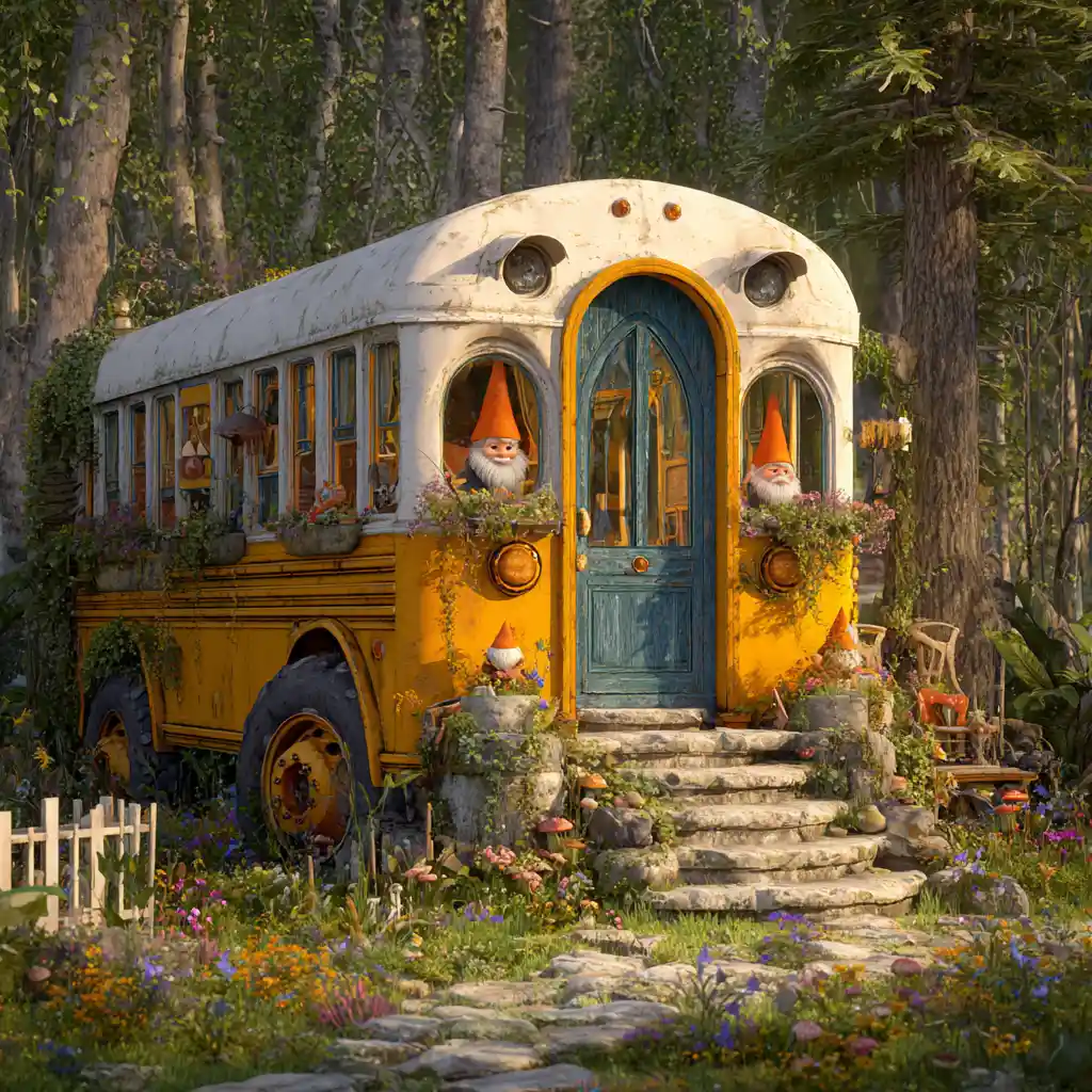 Whimsical gnome home inside an old forest school bus
