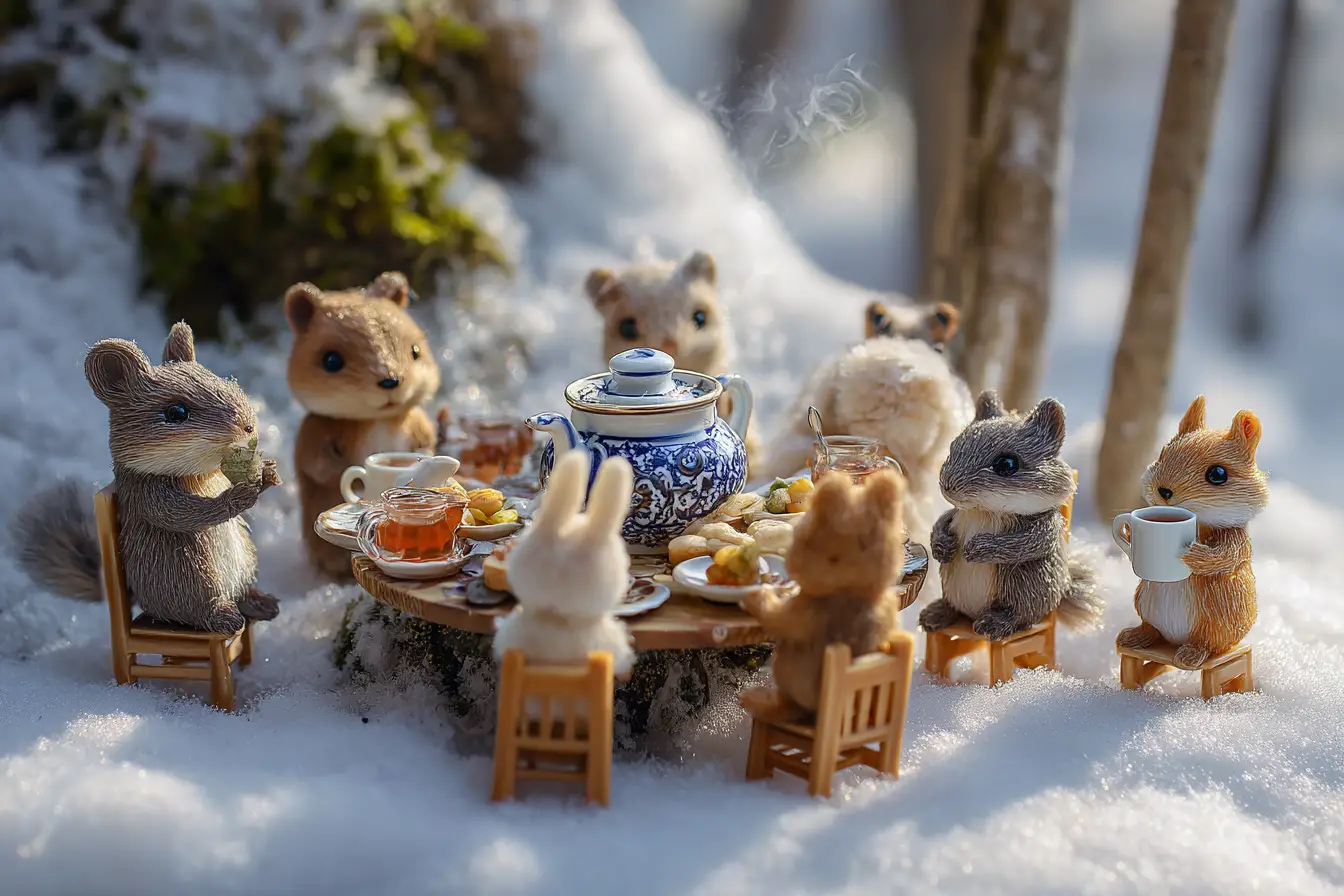 Miniature Forest Animals Feasting In A Snowy Fairy Table Scene