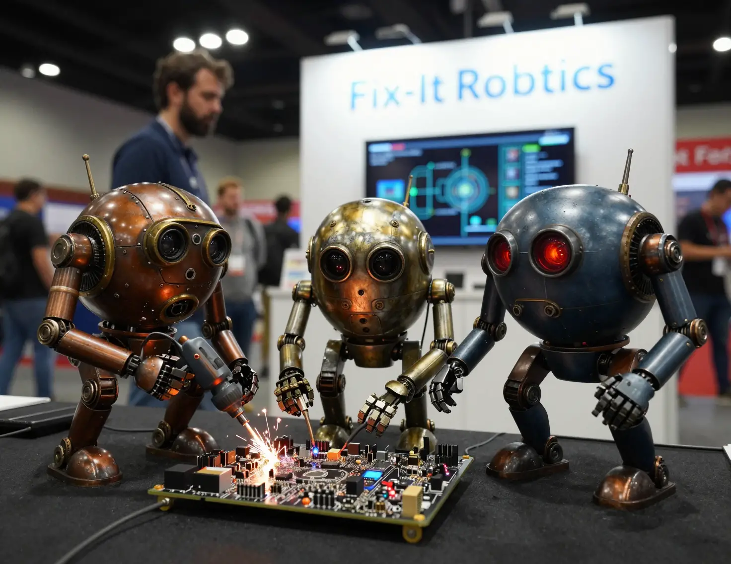 Steampunk robots repairing a glowing circuit board at convention