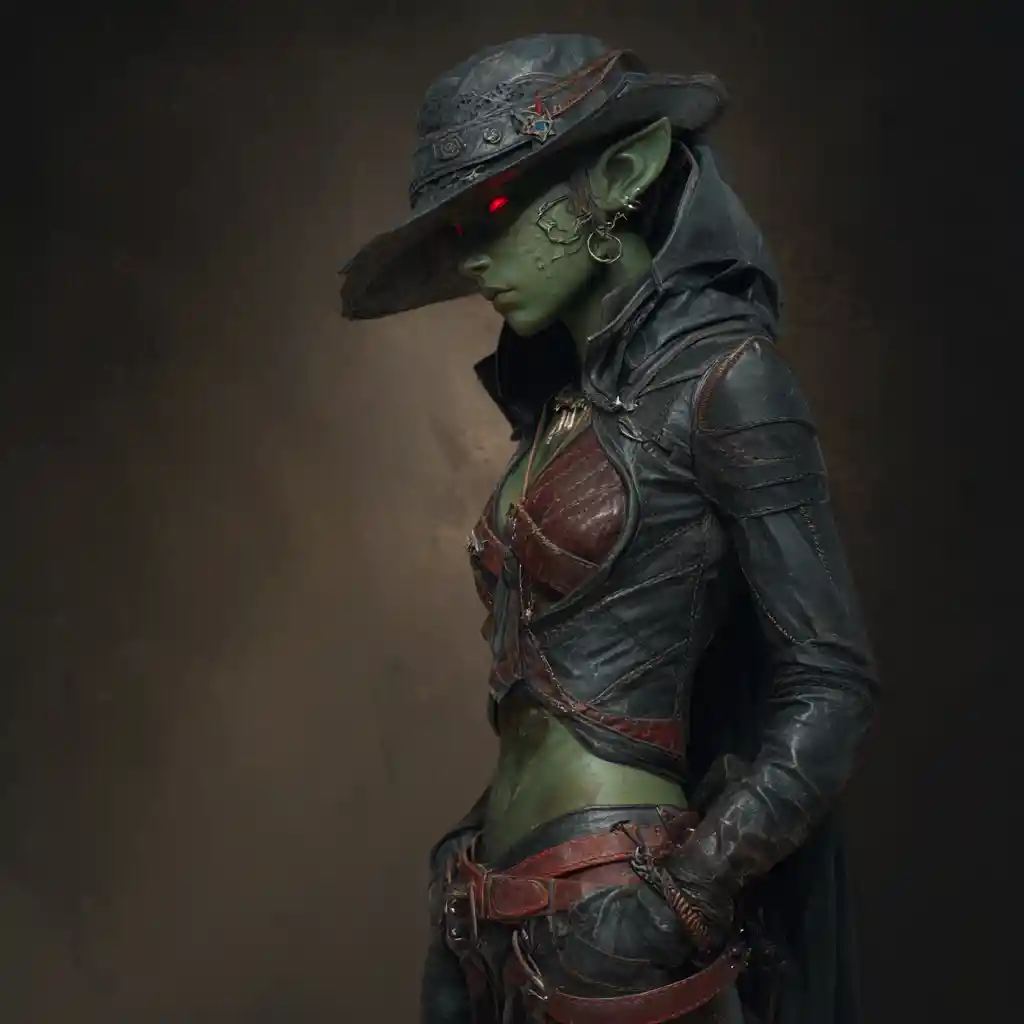 Dark fantasy goblin rogue girl with red eyes