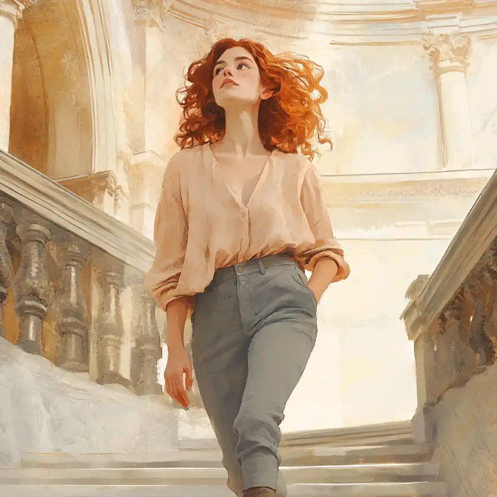 Red haired woman descending a grand marble staircase