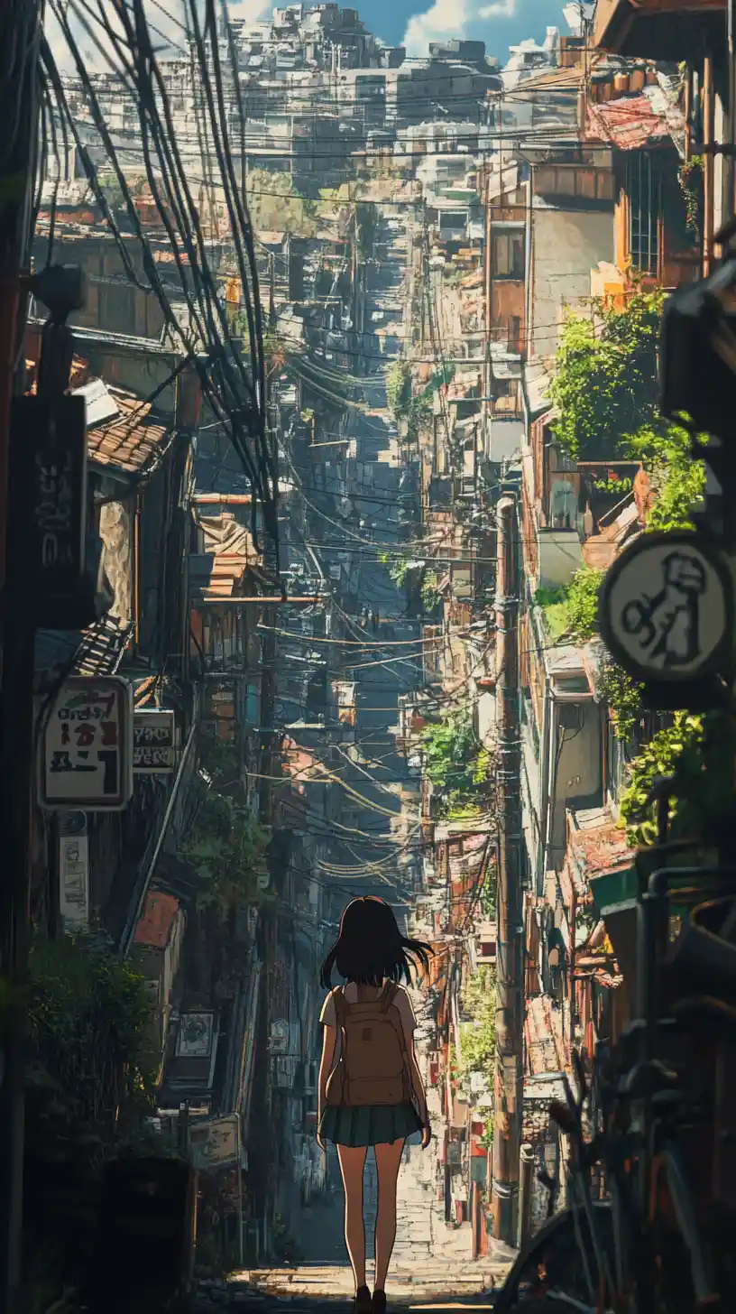 Anime girl walking down a narrow nostalgic Japanese street