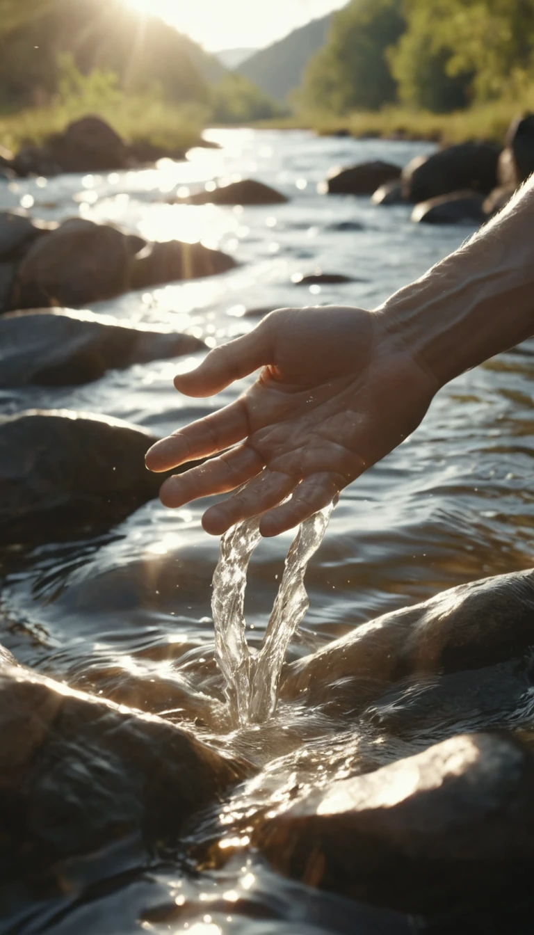Close up hands in flowing river with warm sunlight