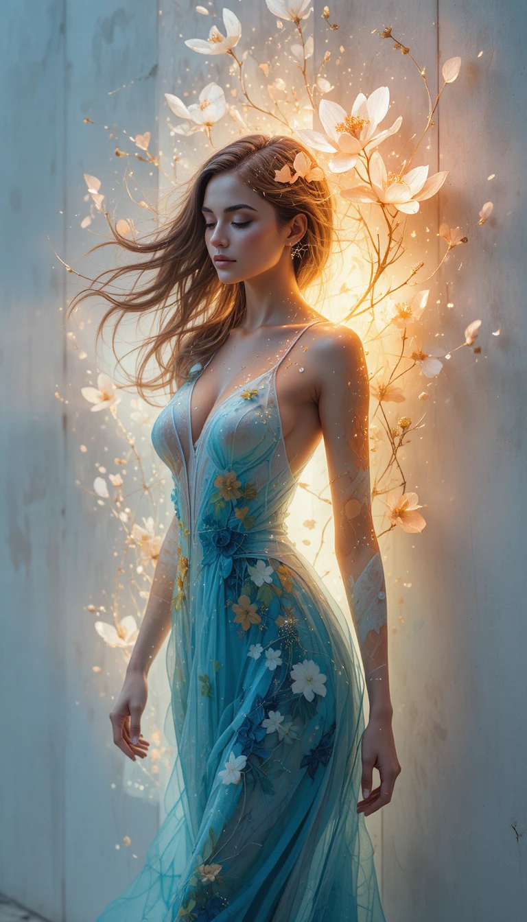 咲き誇る花と幻想的な水彩イリュージョンの穏やかな女性