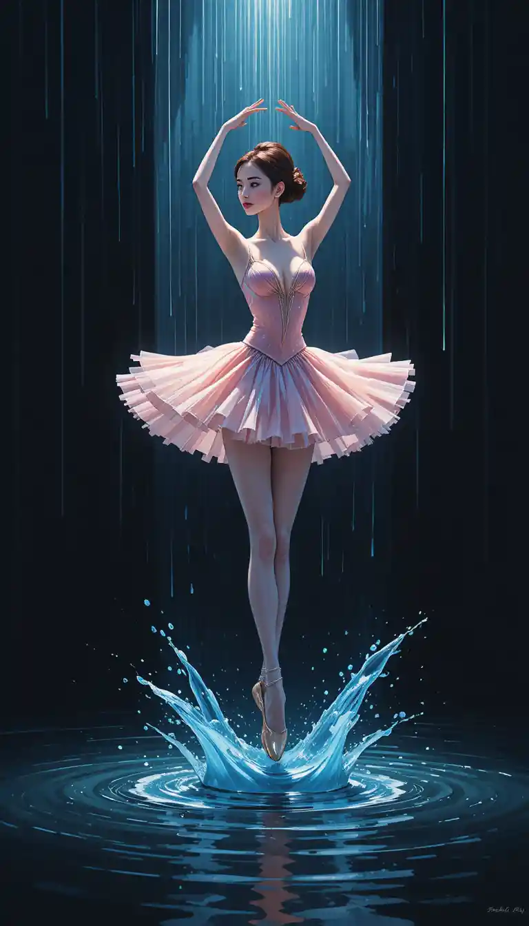 Ballet dancer in pink dress leaping through blue rain