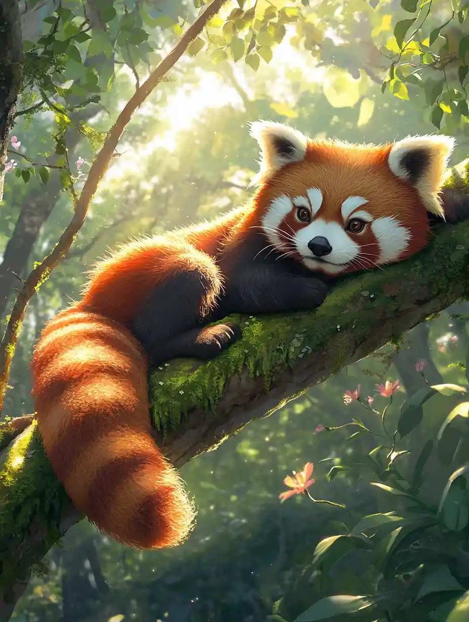 Niedlicher roter Panda, der auf einem moosigen Waldbast ruht