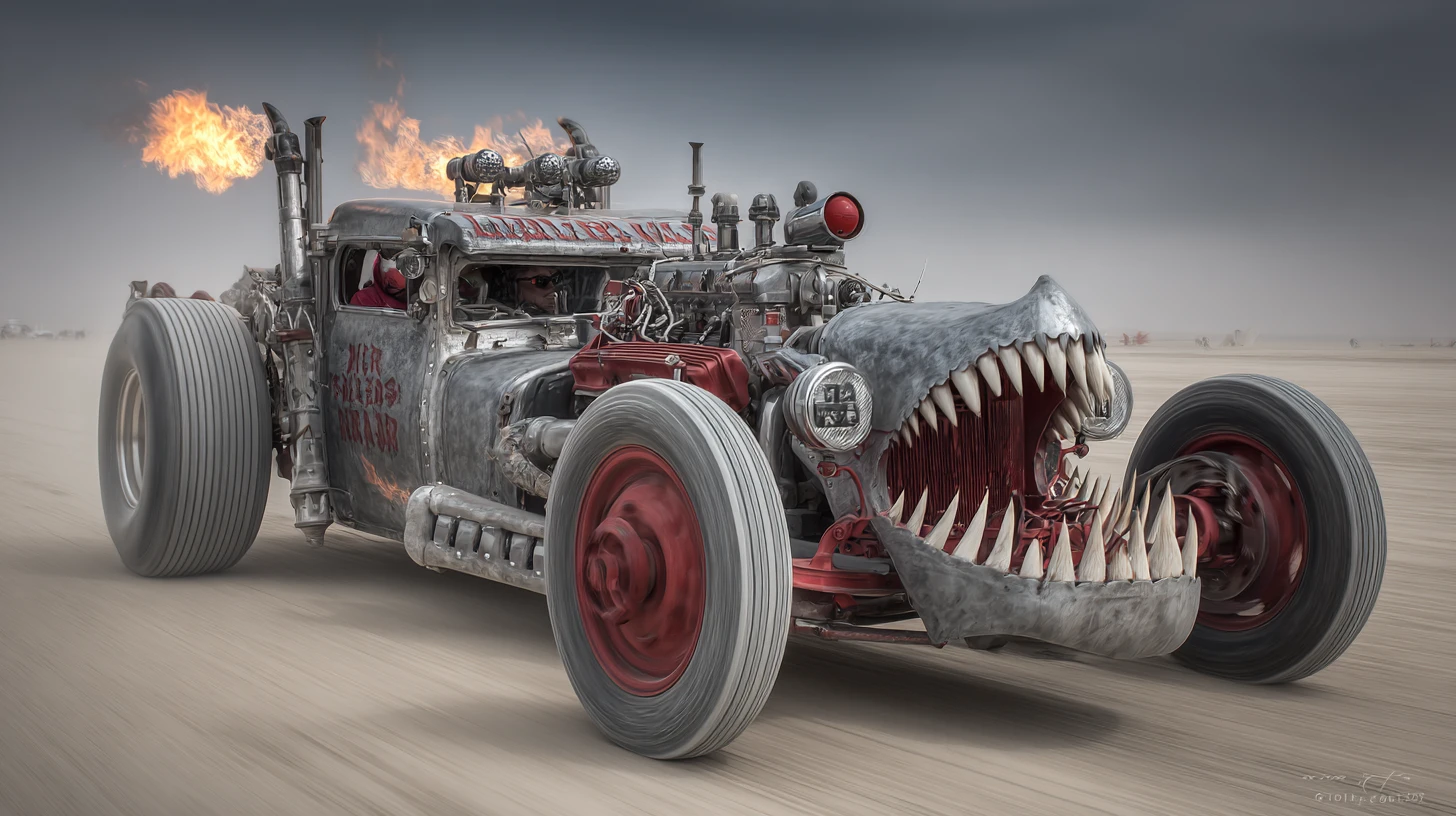 Demonic hot rod engine with demon driver on desert highway