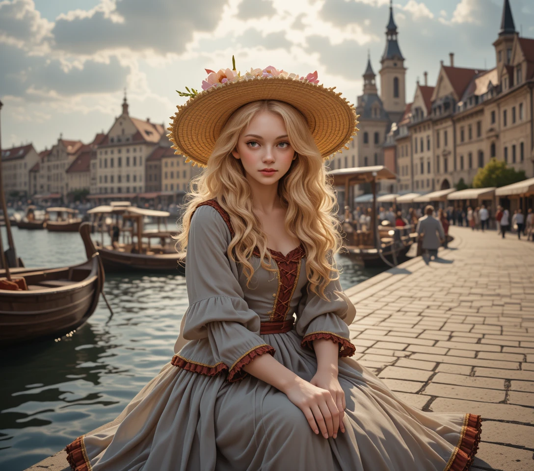 Young girl on a medieval pier in warm summer sunlight