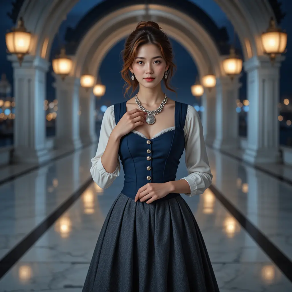 Young harbor woman on a marble runway under warm lantern light