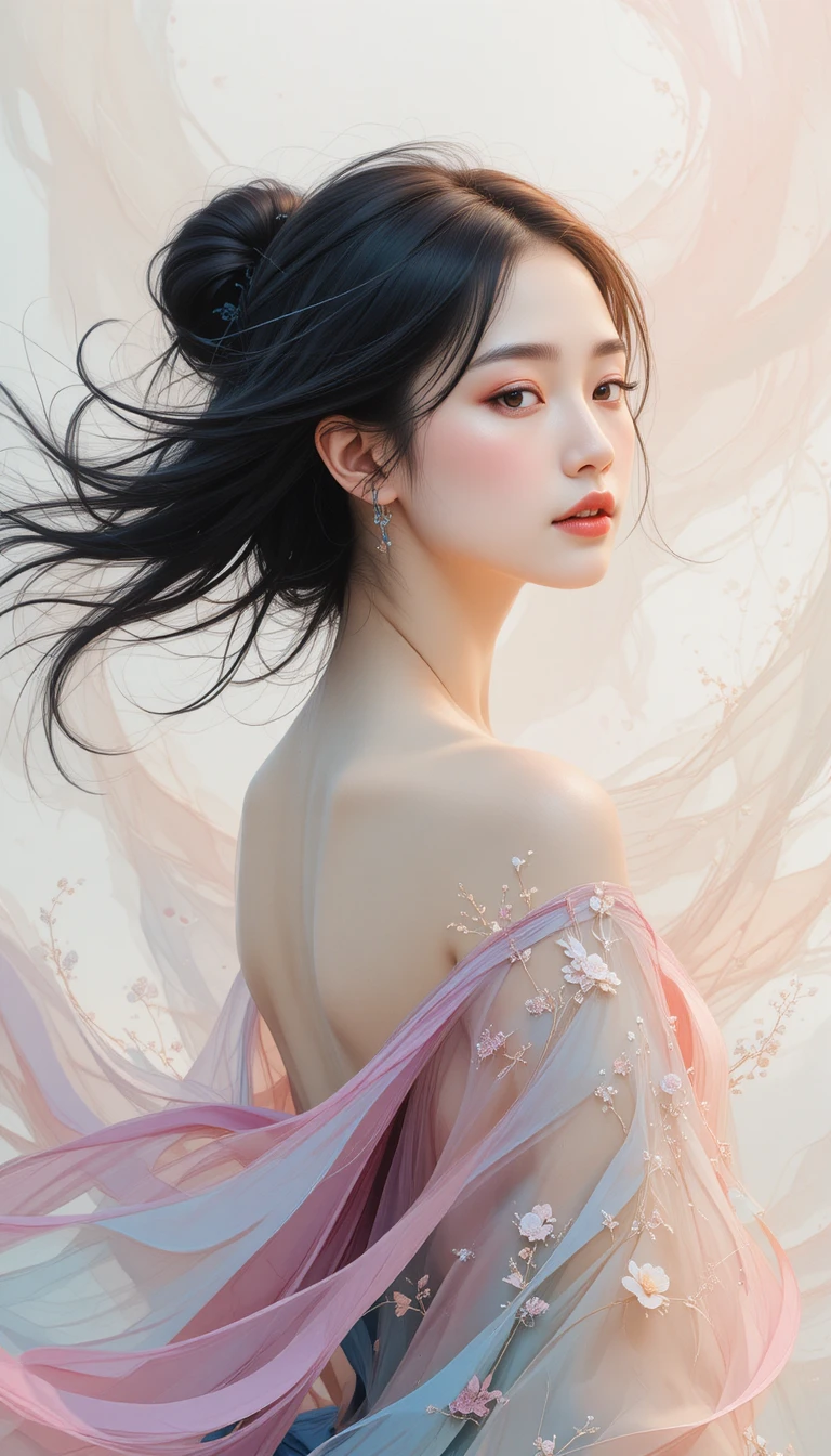 Minimalist portrait of a serene woman in soft pastel colors