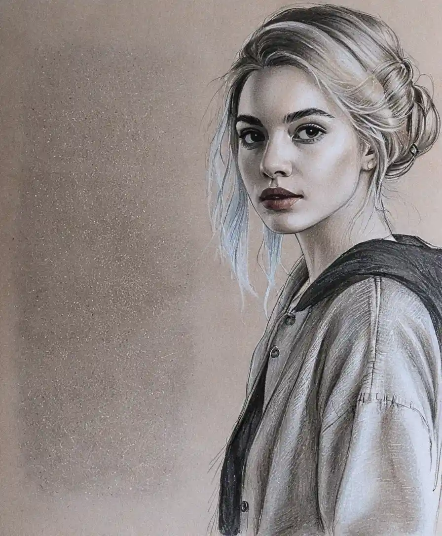 Charcoal portrait of a serene young woman on gray paper