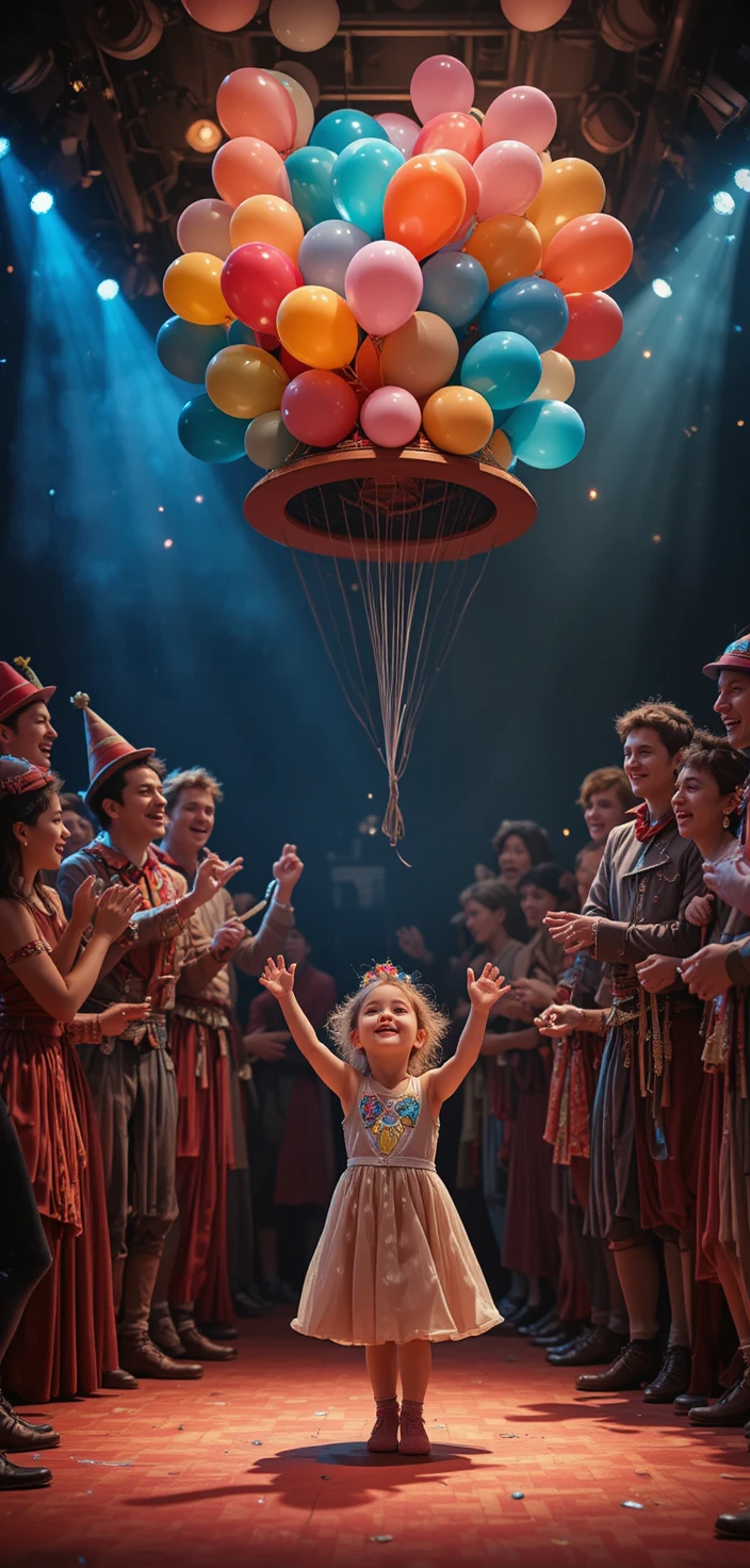 Niña pequeña aplaudiendo en el público mientras brillan las luces del circo