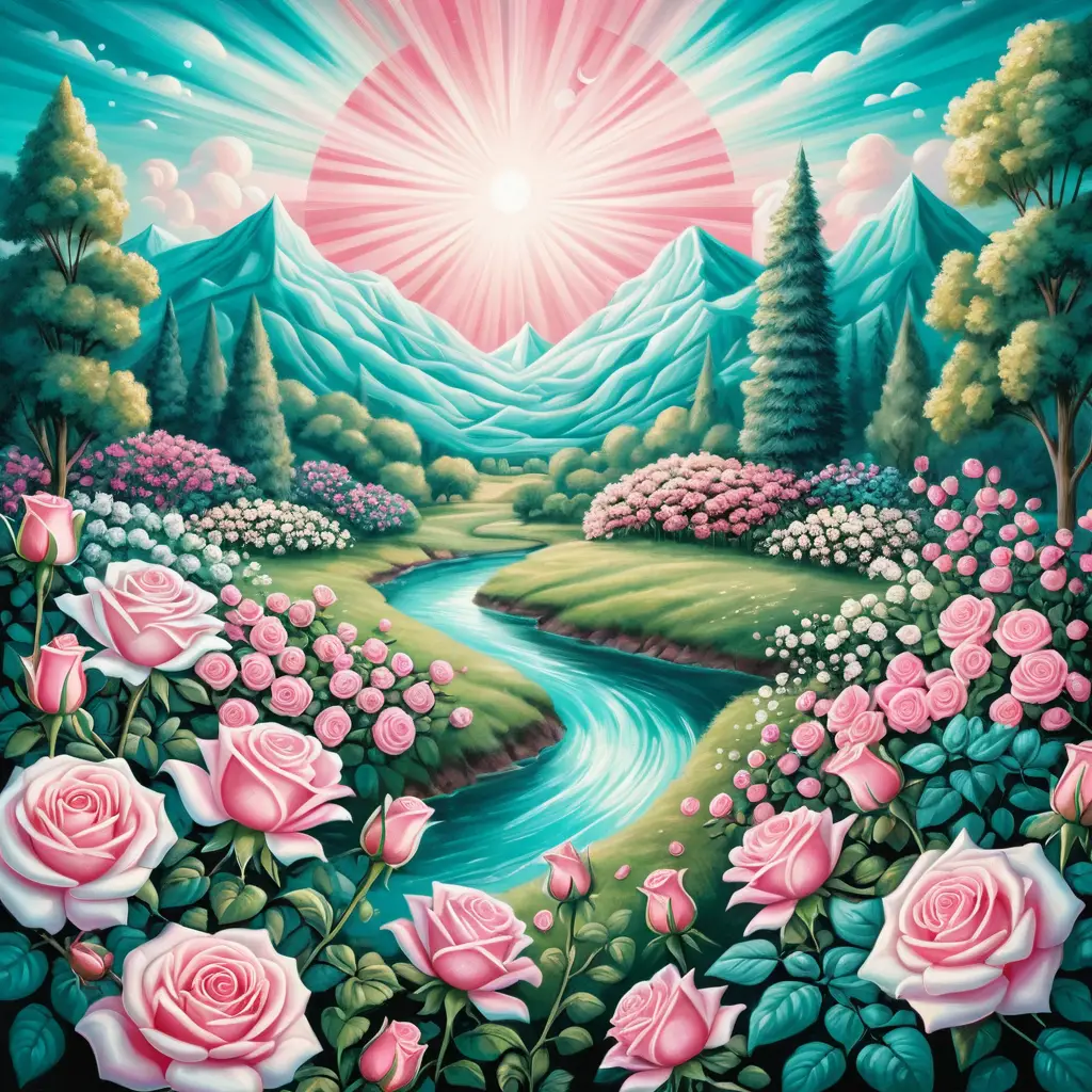 Surreal summer dreamscape with central field of roses