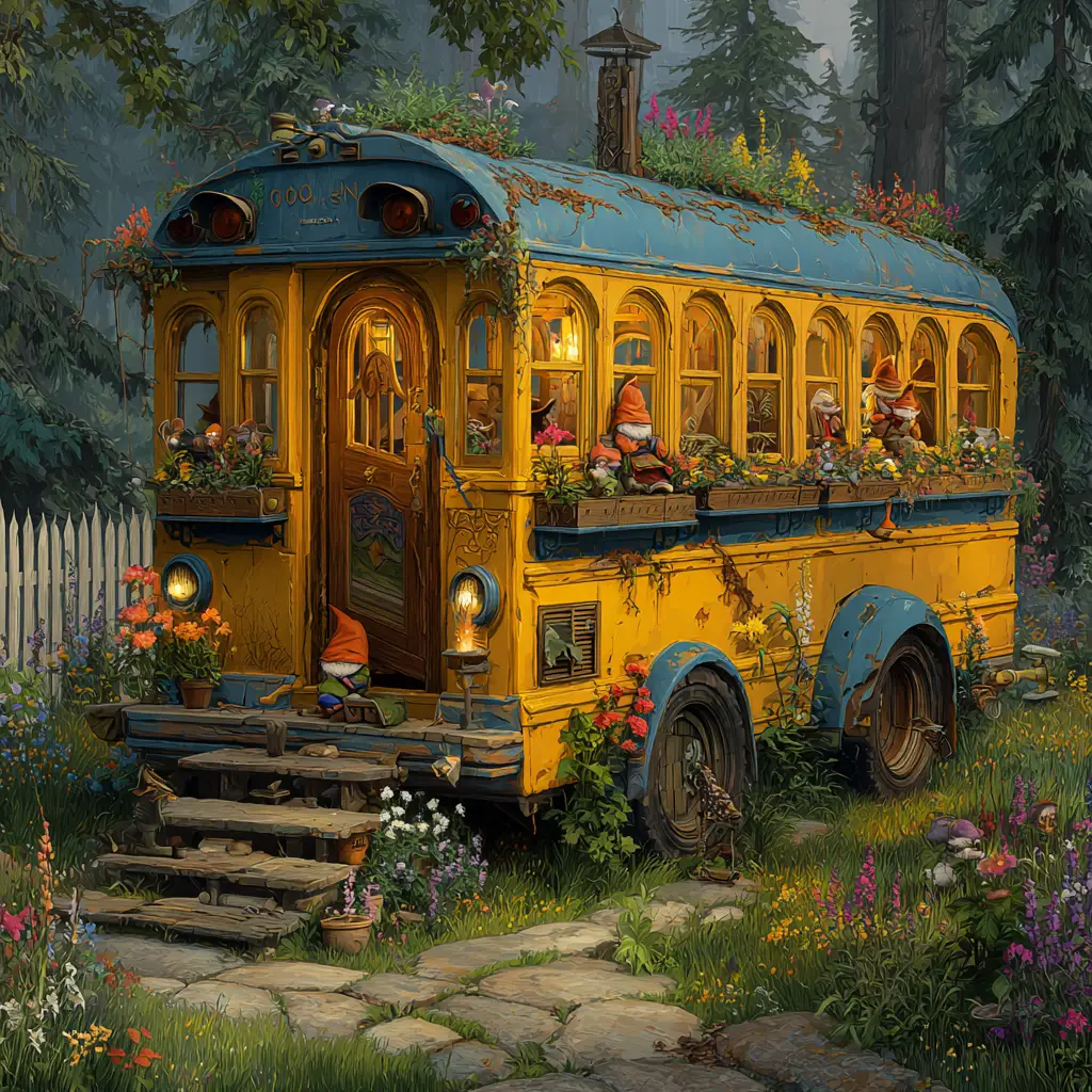 Whimsical gnome home in an old forest school bus