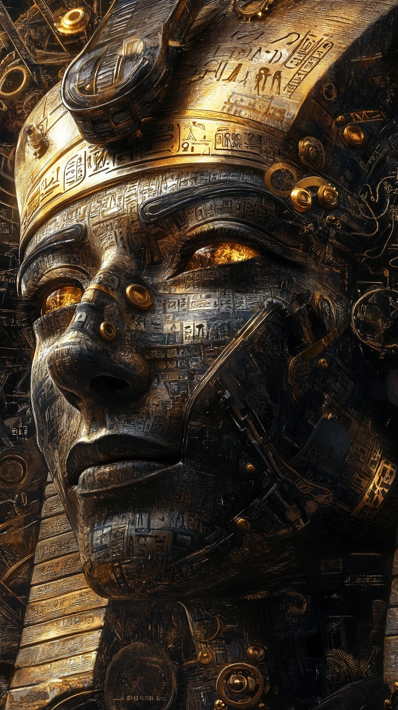 Antiker ägyptischer Pharao verschmolzen mit filigraner Steampunk-Maschinerie