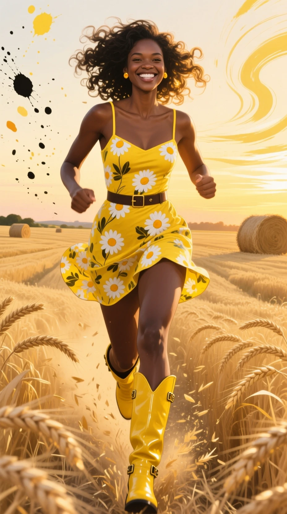 Giovane donna che corre tra il grano dorato al tramonto