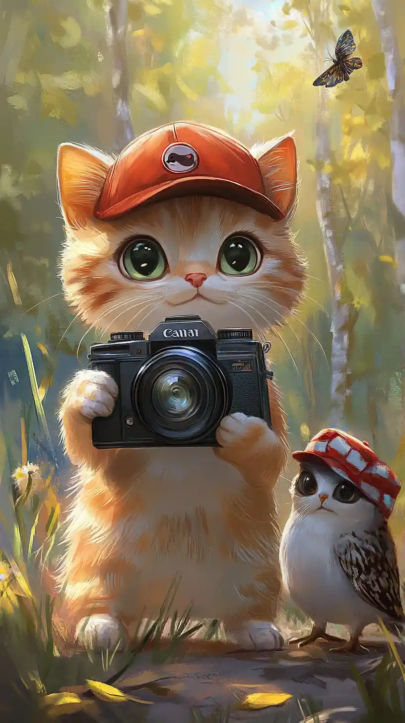 Cute cartoon cat photographer with curious owl companion
