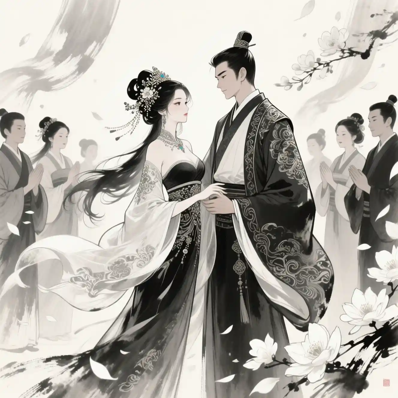 Traditional ink wedding couple surrounded by family