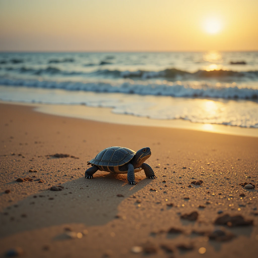 Kleine Schildkröte überquert nassen Sand zu einem ruhigen Meer
