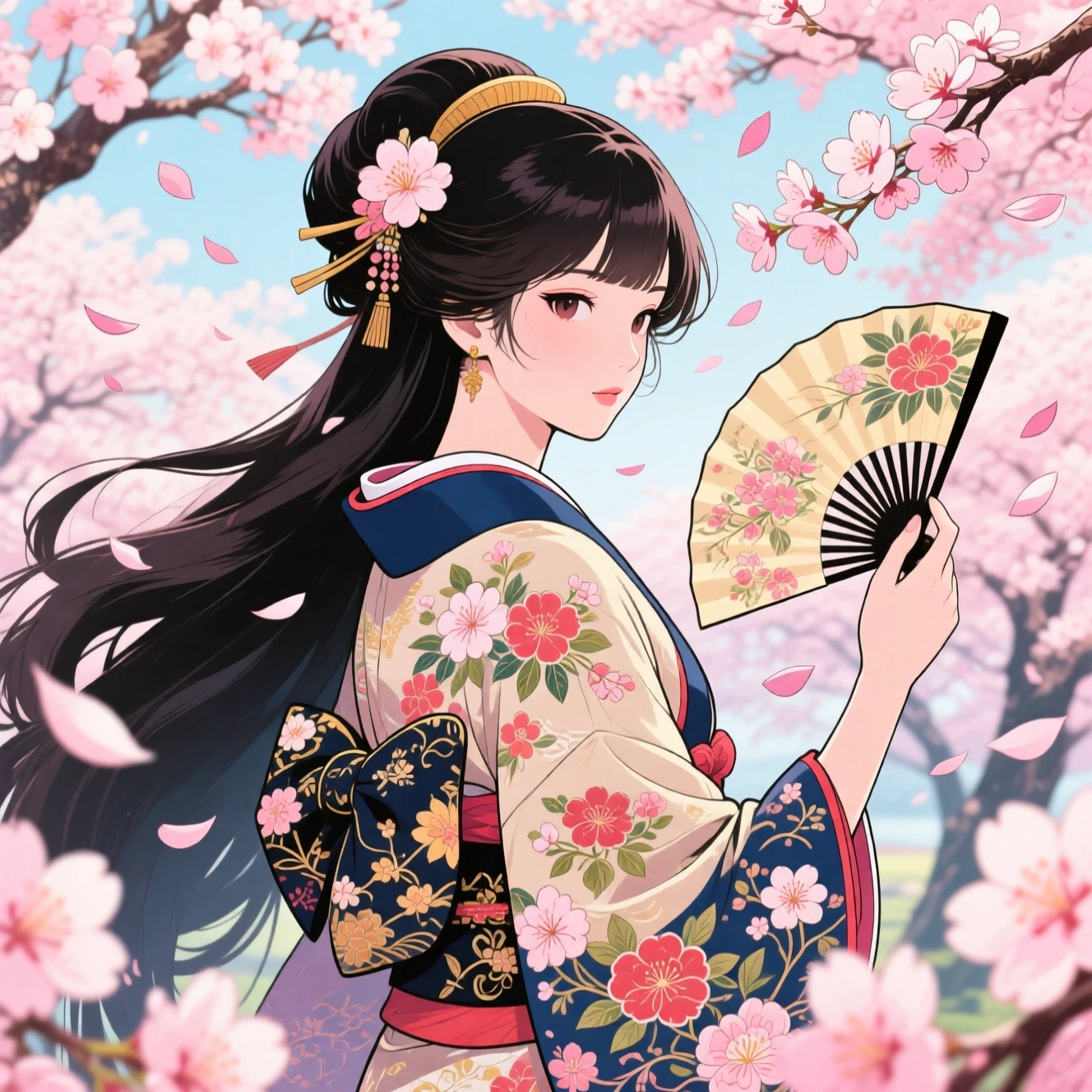 Elegant Japanese woman in kimono under cherry blossoms