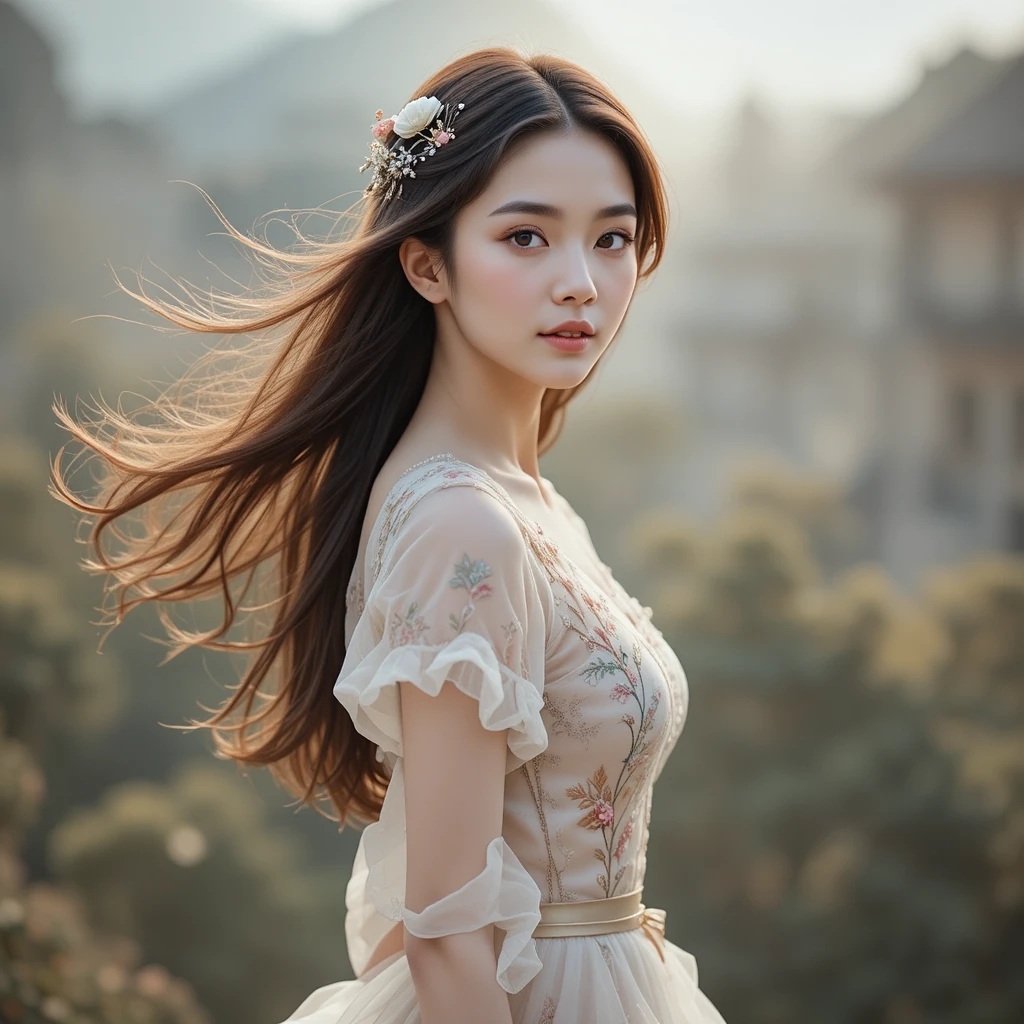Young Asian woman in floral dress in a dreamy breeze