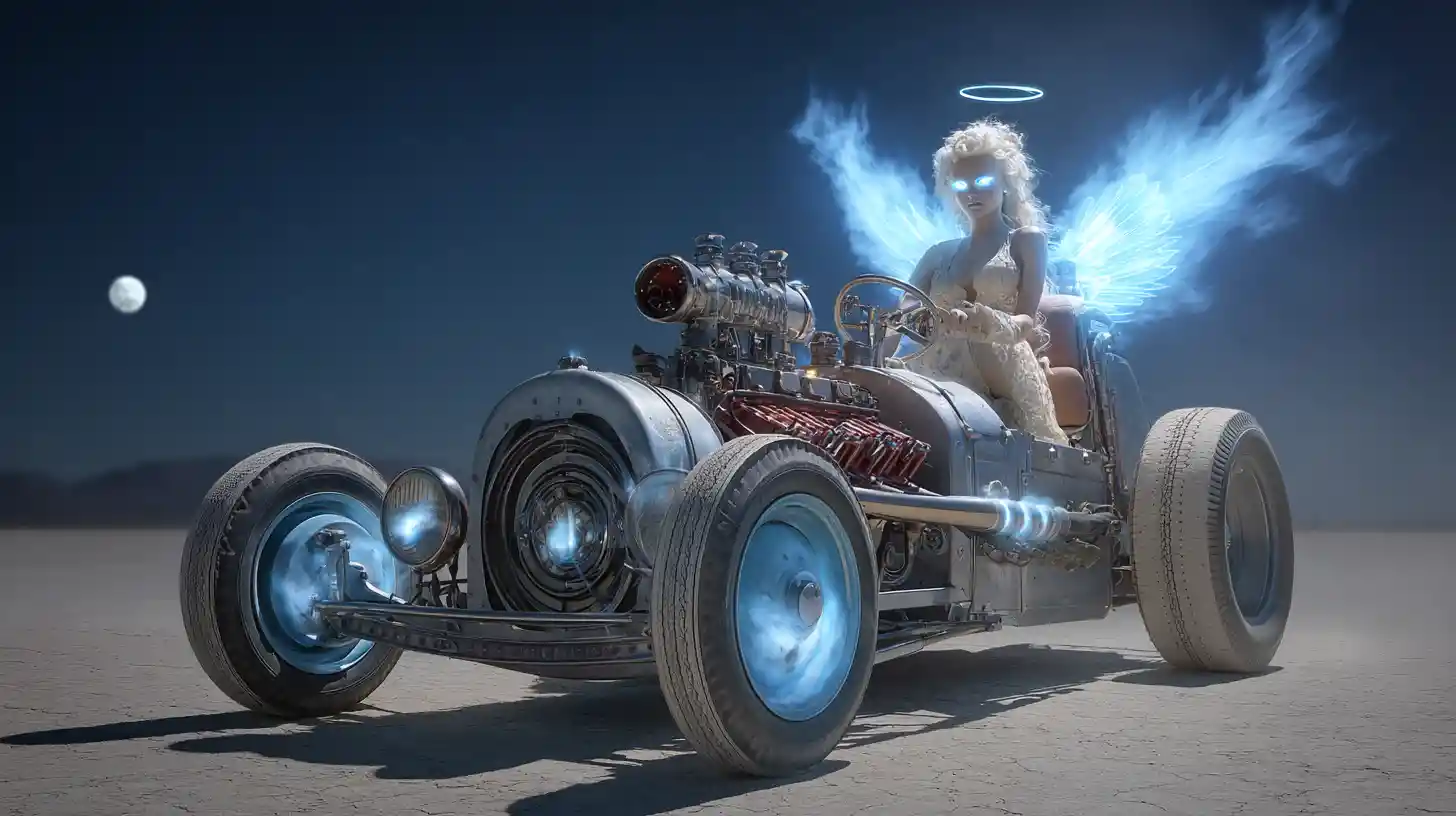 Angelic hot rod engine driven by a serene angel woman
