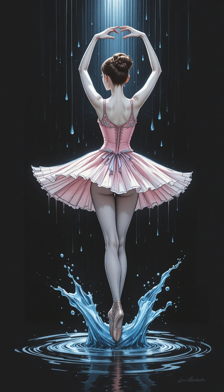 Ballet dancer in pink dress leaping through blue rain